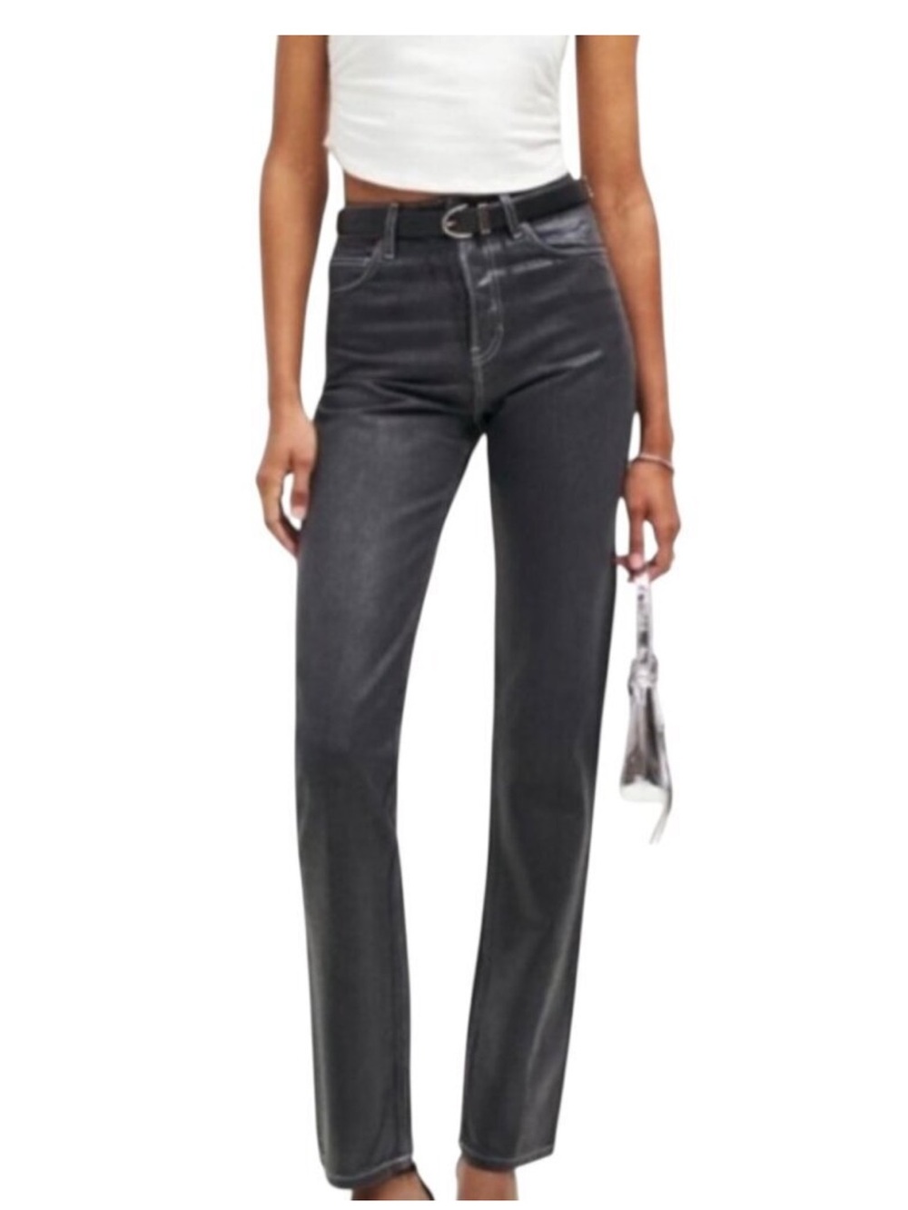Reformation Cynthia High-Rise Straight Long Jeans Black Glossy Size 27